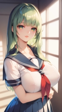 緑髪ロングでセーラー服を着た女の子と黒髪ボブスタイルで水着を着た女の子 – Preview 5