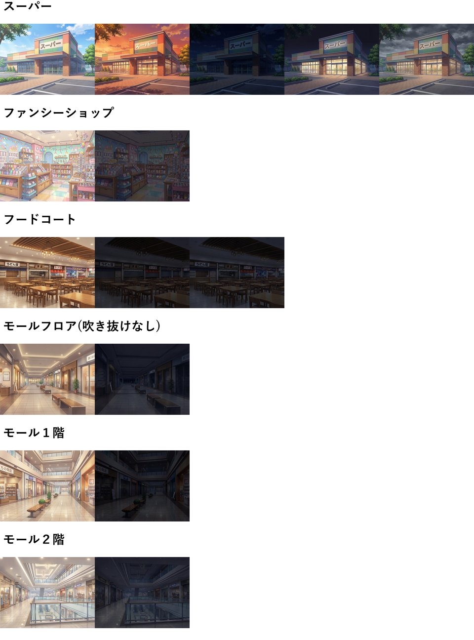 【同一画像高品質差分/87枚】ショッピングモール店舗背景パック【昼夕夜曇差分】