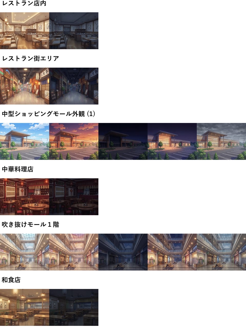 【同一画像高品質差分/87枚】ショッピングモール店舗背景パック【昼夕夜曇差分】