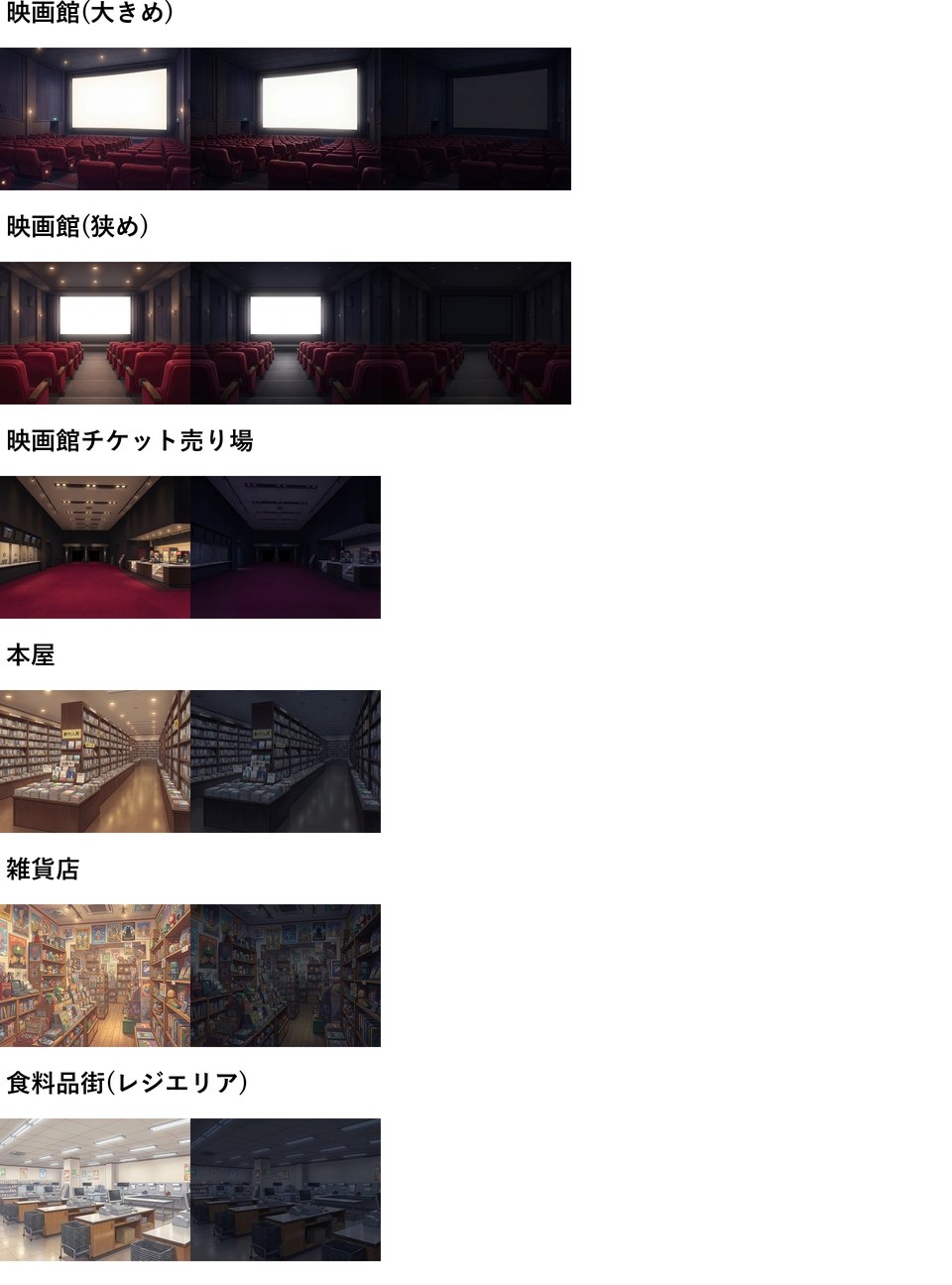 【同一画像高品質差分/87枚】ショッピングモール店舗背景パック【昼夕夜曇差分】