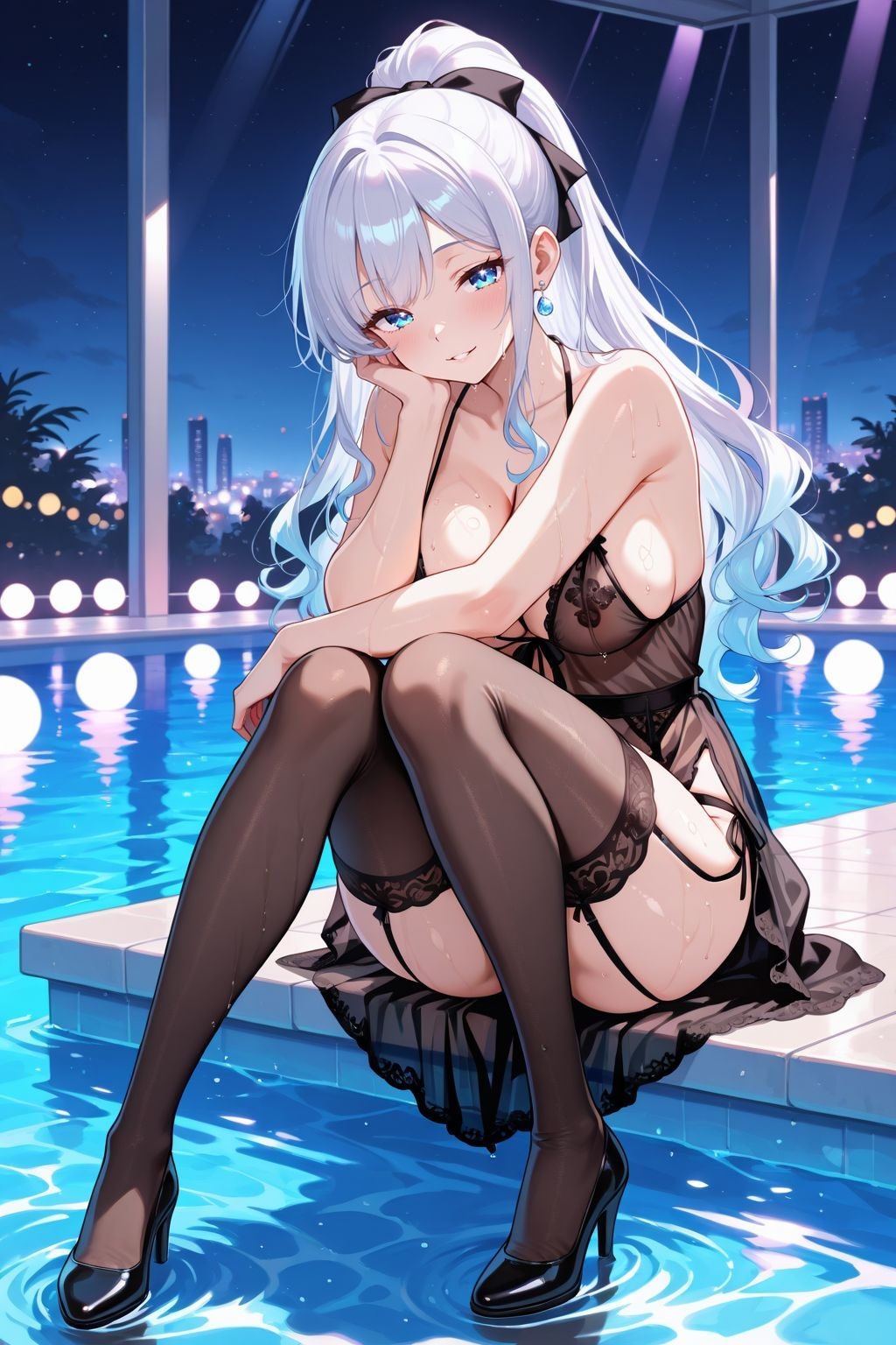 夜のプールで誘う銀髪美少女