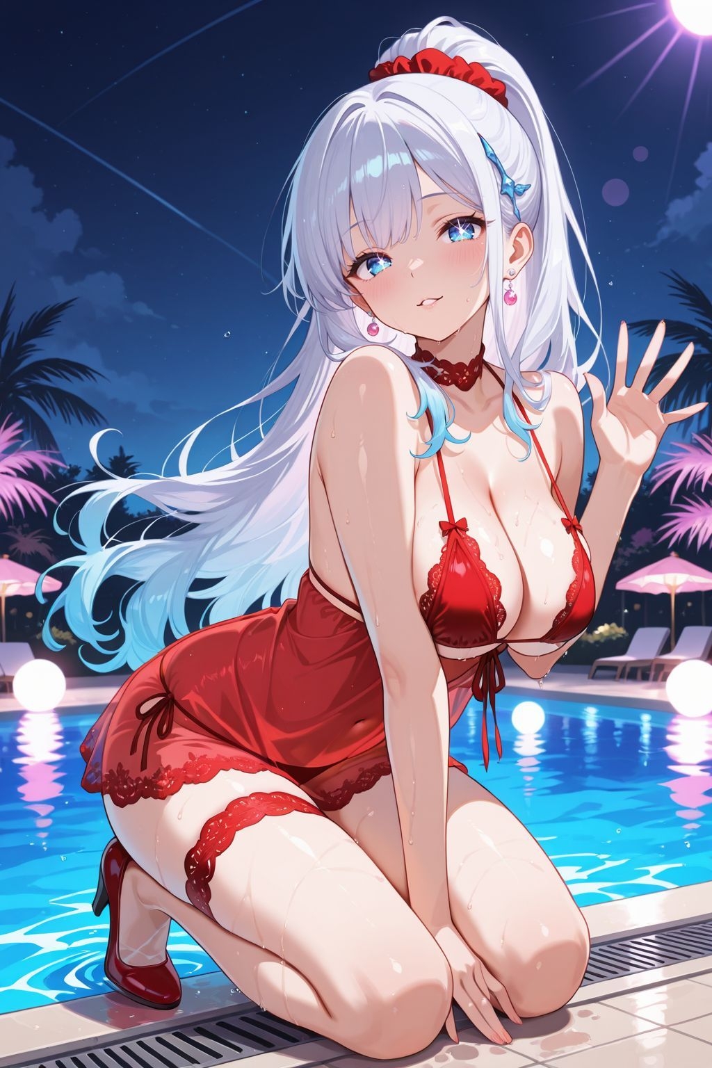 夜のプールで誘う銀髪美少女