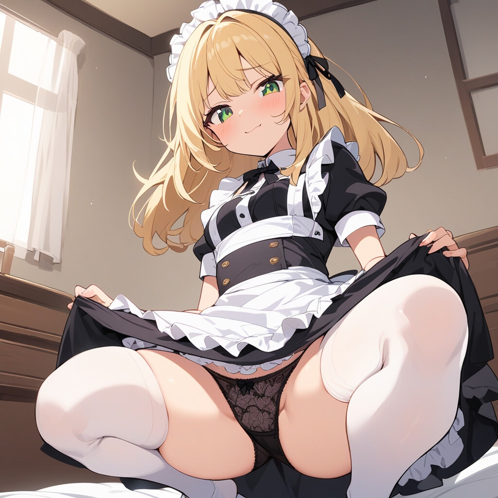 メイド服でしゃがみ&またがりでパンチラ