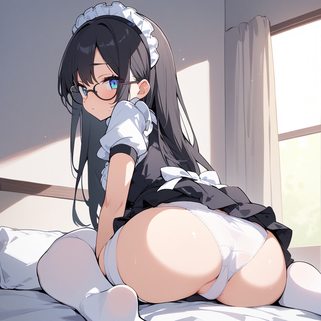 メイド服でしゃがみ&またがりでパンチラ