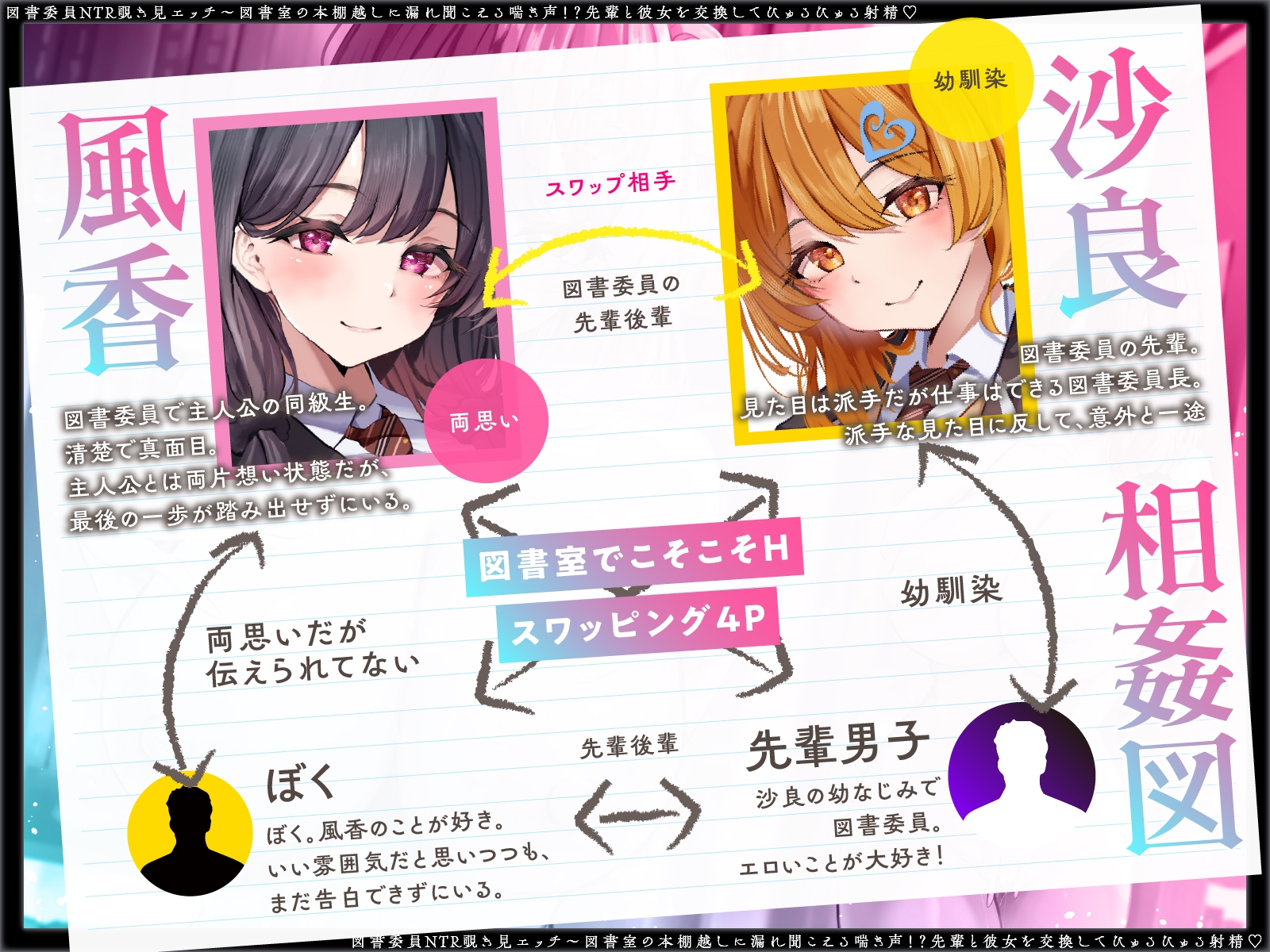 【寝取られ×無声囁き】図書委員NTR覗き見エッチ～図書室の本棚越しに漏れ聞こえる喘ぎ声！?先輩と彼女を交換してびゅるびゅる射精♡【スワッピング】