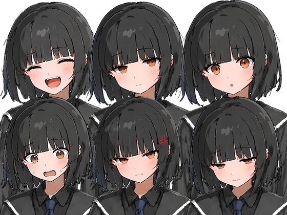 【立ち絵素材】黒髪ちゃん 制服2種+表情6種 全12枚 PNG