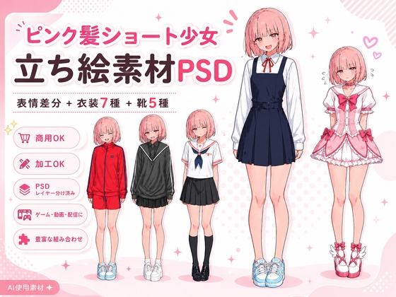 【立ち絵素材PSD・組み合わせ15万通り以上！】ピンク髪ショート少女 ドット絵ver|表情差分+衣装7種+靴5種|商用OK