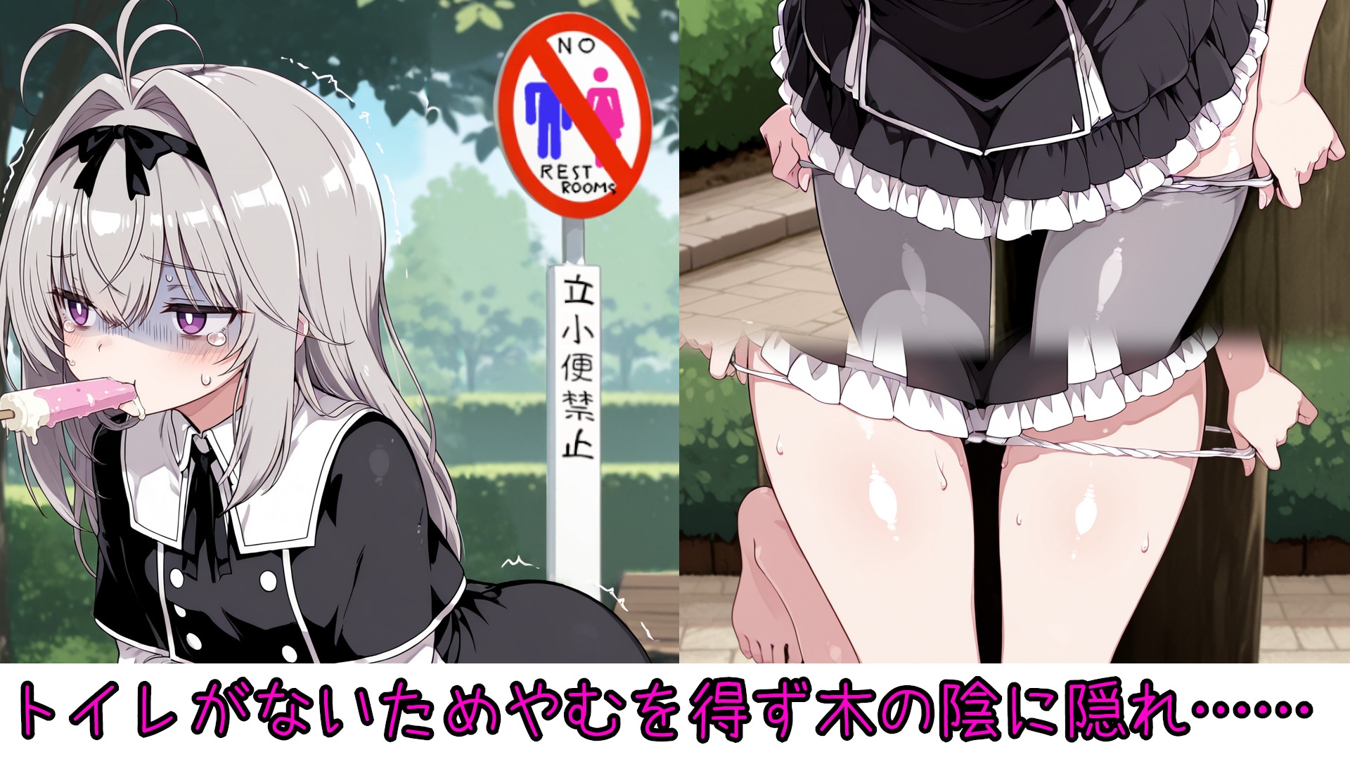 野外放尿！公園でアイスを食べすぎた森亜る〇か/アル〇ナ・シャドウちゃんが木の陰に隠れて……