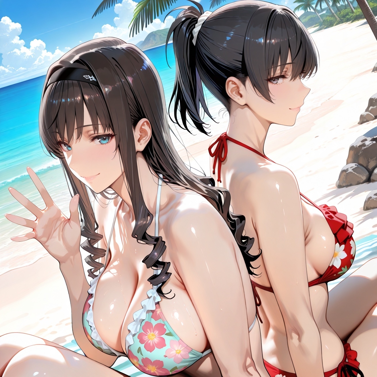 森○はるか&塚○響inビーチ