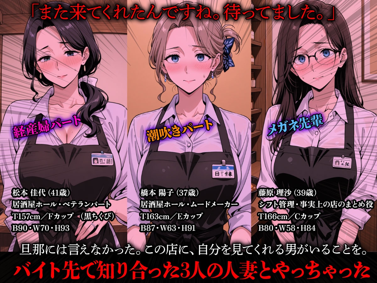 居酒屋パート人妻3人が堕ちた話。黒乳首・潮吹き・メガネ