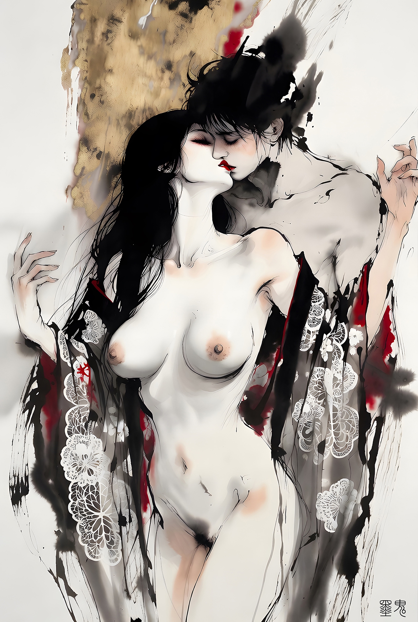 【5000px超高画質】妖艶なる紅黒の和服～乱された振袖と極上の純欲水彩CG集～