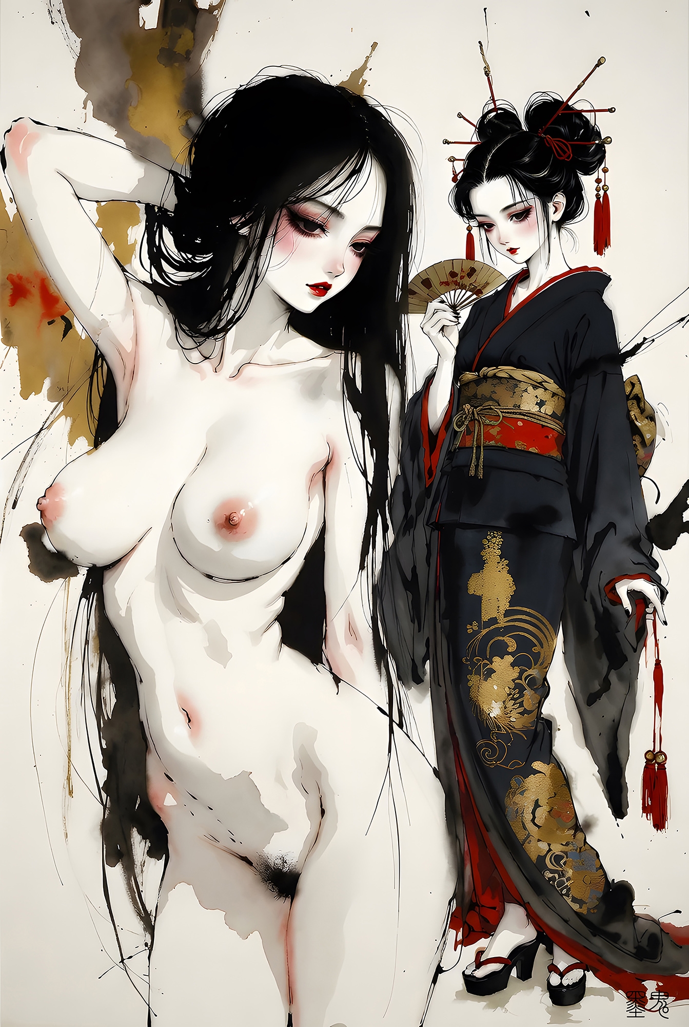【5000px超高画質】妖艶なる紅黒の和服～乱された振袖と極上の純欲水彩CG集～