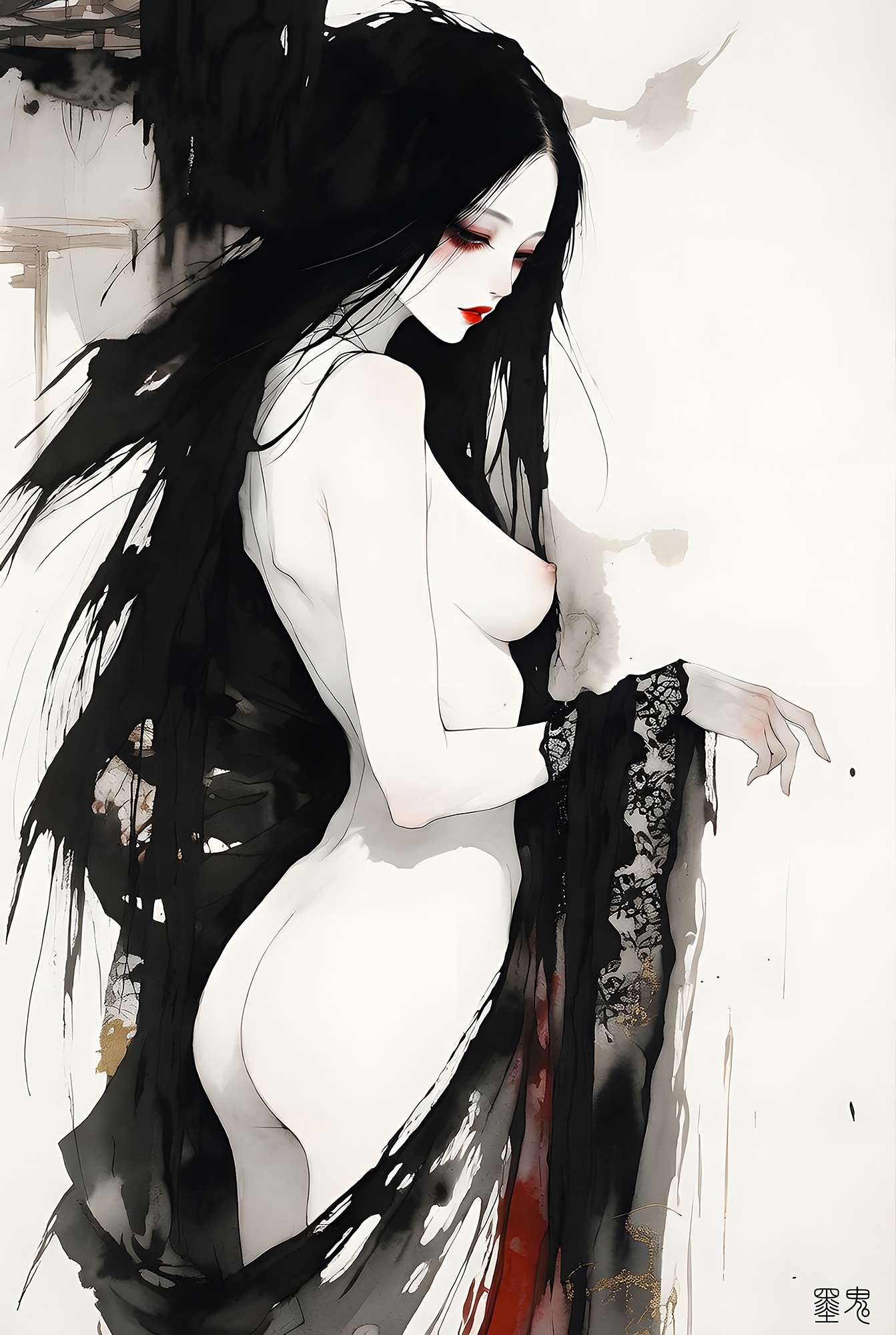 【5000px超高画質】妖艶なる紅黒の和服～乱された振袖と極上の純欲水彩CG集～