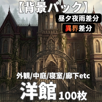 【TRPG背景素材/CoC/ゲーム素材/ココフォリア】ラブクラフト系洋館ホラー アニメ調背景100枚セット|20シーン×5差分(昼/夕/夜/雨/異界化)