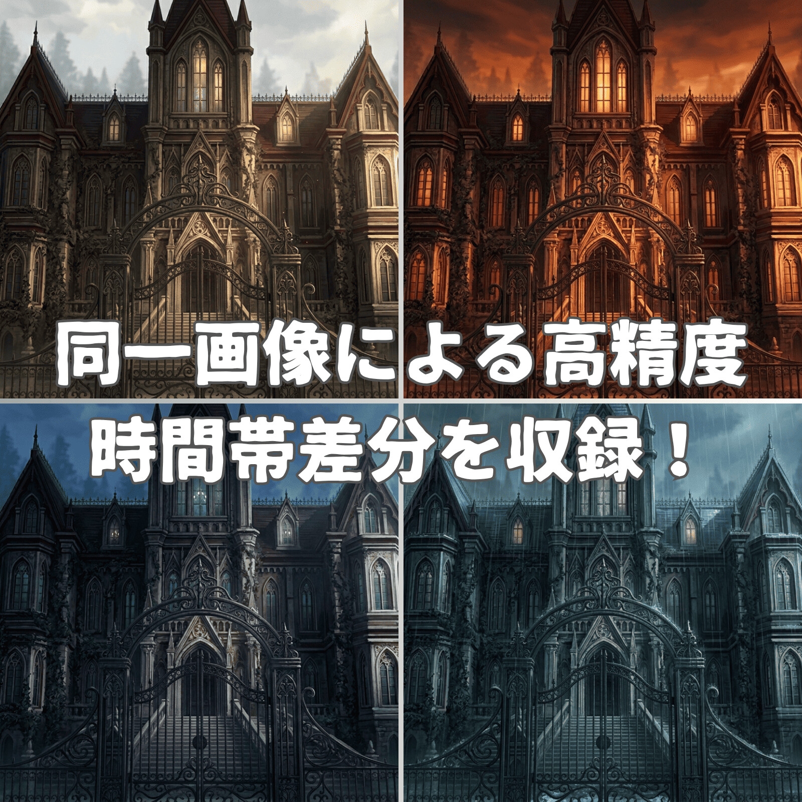 【TRPG背景素材/CoC/ゲーム素材/ココフォリア】ラブクラフト系洋館ホラー アニメ調背景100枚セット|20シーン×5差分(昼/夕/夜/雨/異界化) – Preview 2