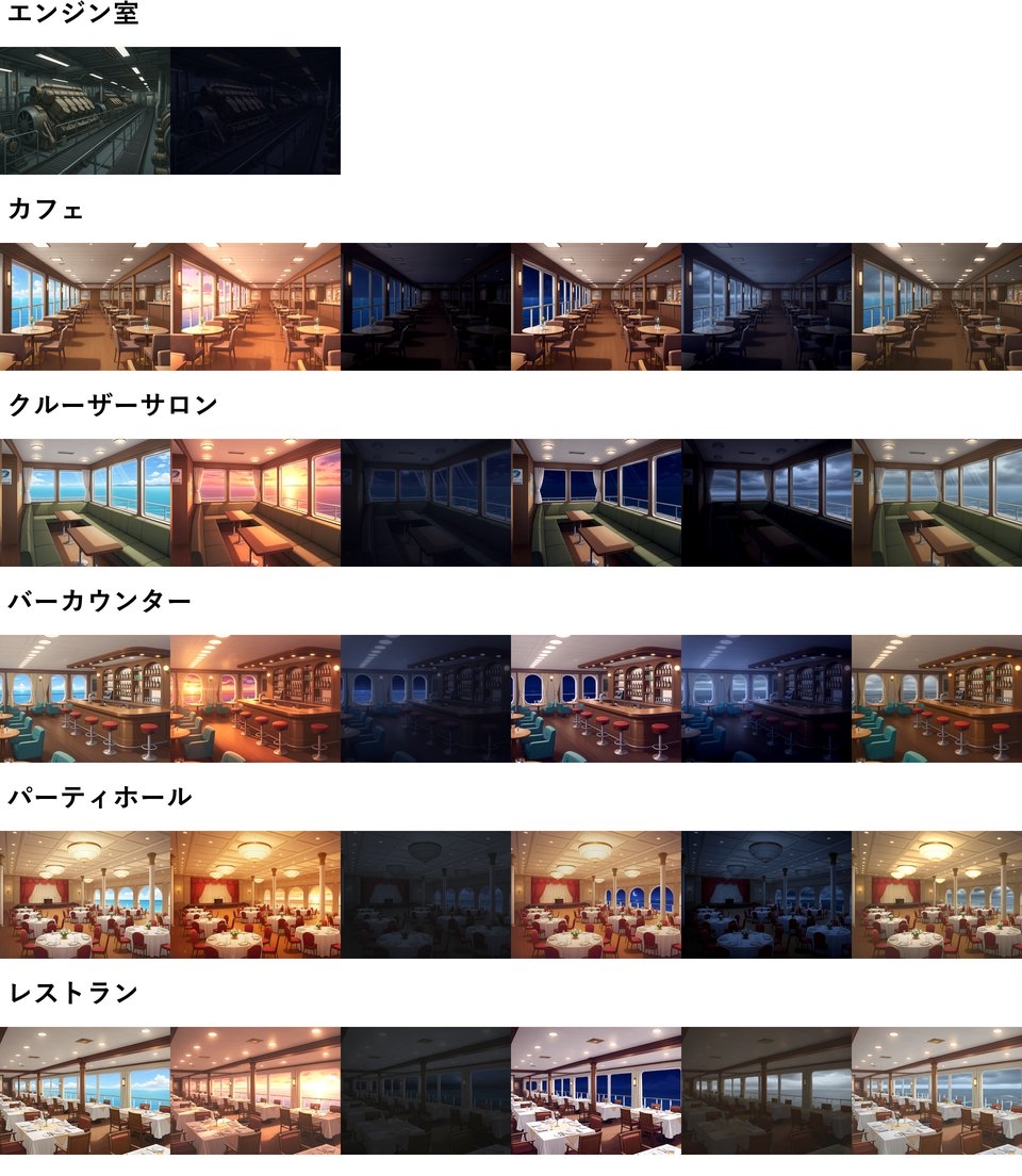 【同一画像高品質差分/126枚】豪華客船/クルーザー背景パック【昼夕夜曇差分】