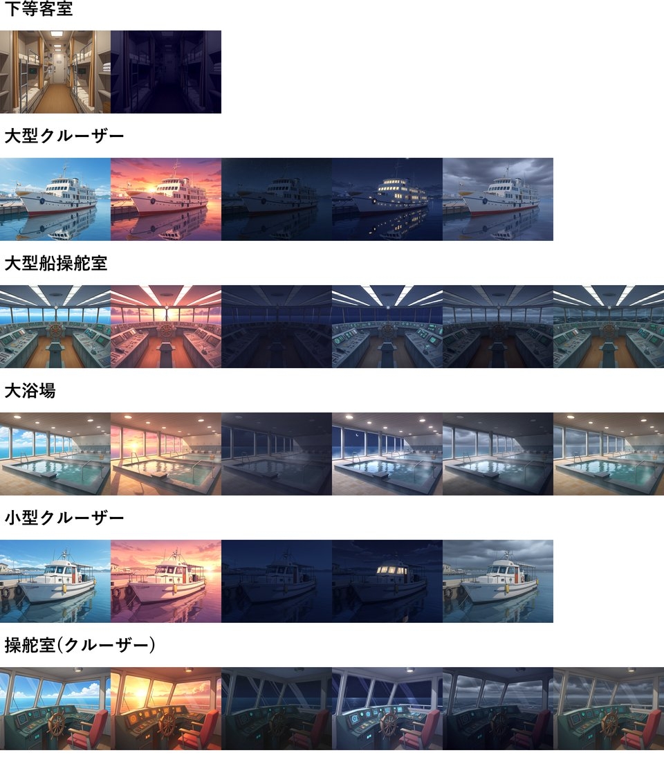 【同一画像高品質差分/126枚】豪華客船/クルーザー背景パック【昼夕夜曇差分】