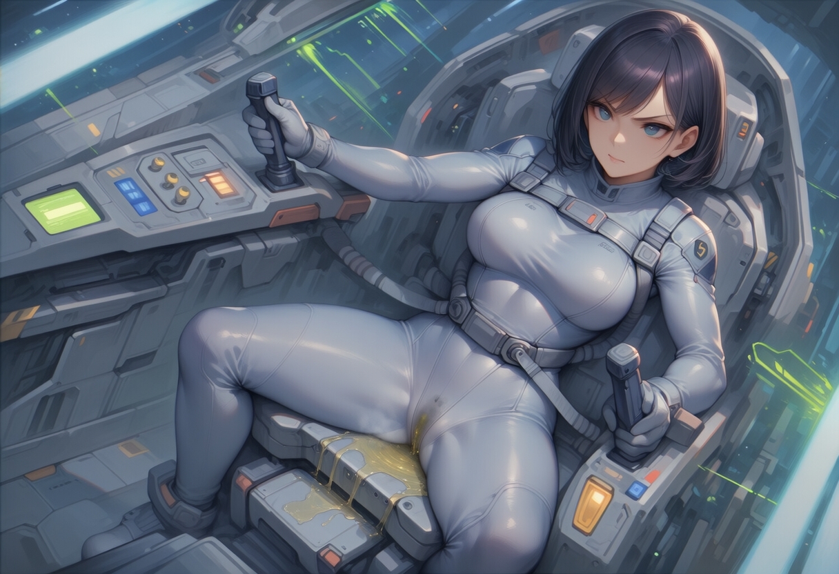 真剣な表情で失禁する女エースパイロット