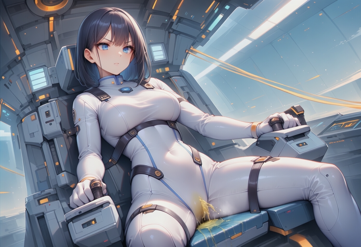 真剣な表情で失禁する女エースパイロット