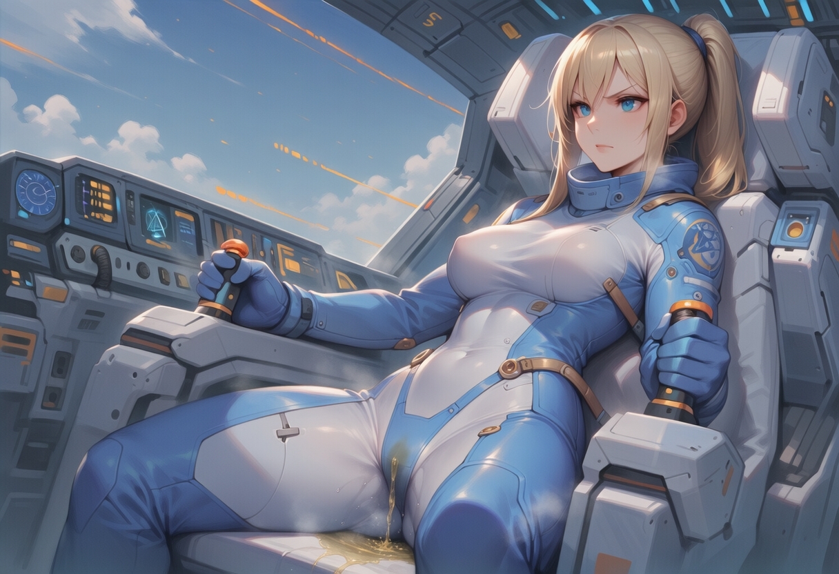 真剣な表情で失禁する女エースパイロット