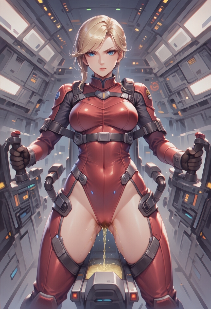 真剣な表情で失禁する女エースパイロット