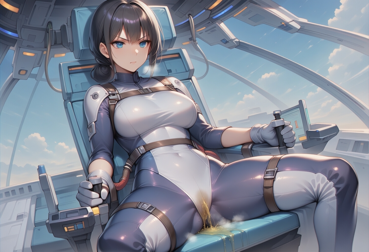 真剣な表情で失禁する女エースパイロット