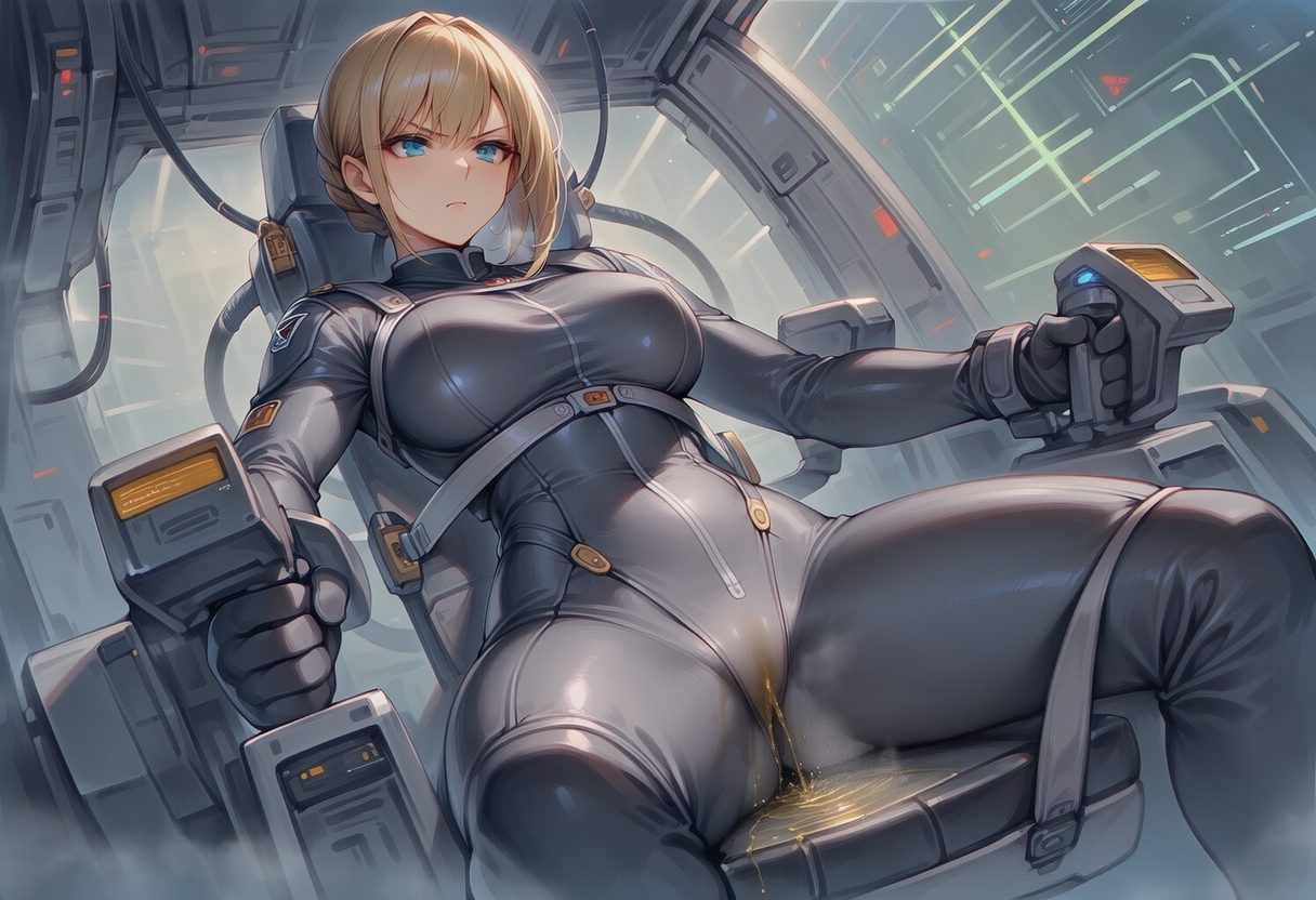 真剣な表情で失禁する女エースパイロット