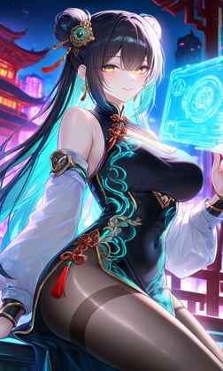 【AIイラスト集】サイバーネオチャイナ美少女〜光るネオンとサイバータイツ〜 – main preview