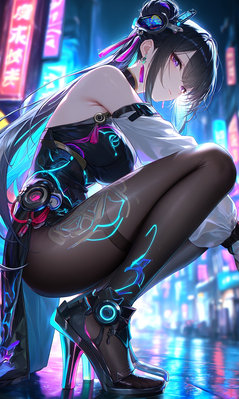 【AIイラスト集】サイバーネオチャイナ美少女〜光るネオンとサイバータイツ〜 – Preview 4
