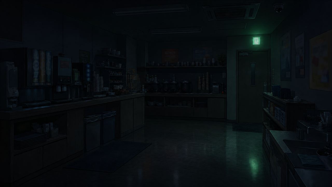 だれもいない深夜のネットカフェ|背景差分素材60枚【TRPG/CoC】