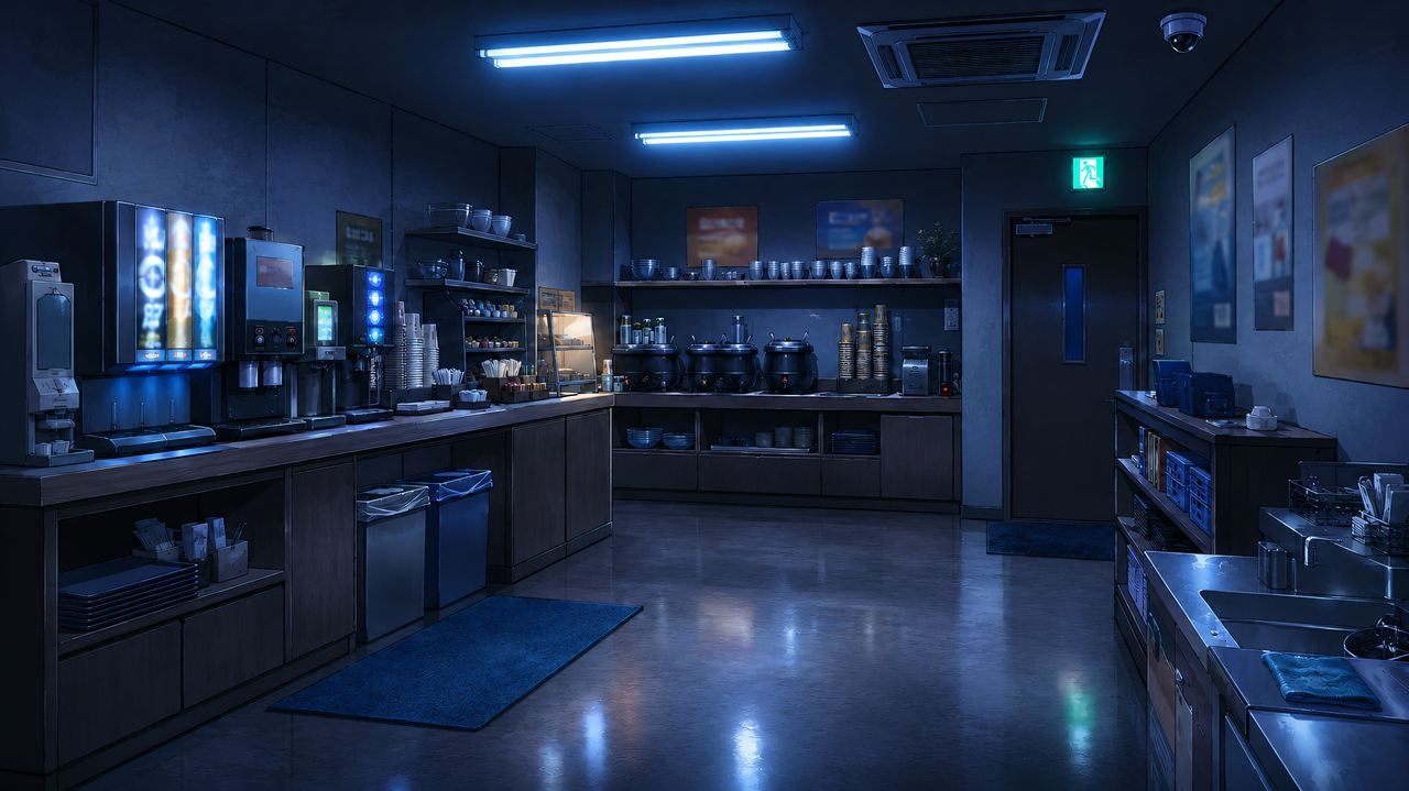 だれもいない深夜のネットカフェ|背景差分素材60枚【TRPG/CoC】