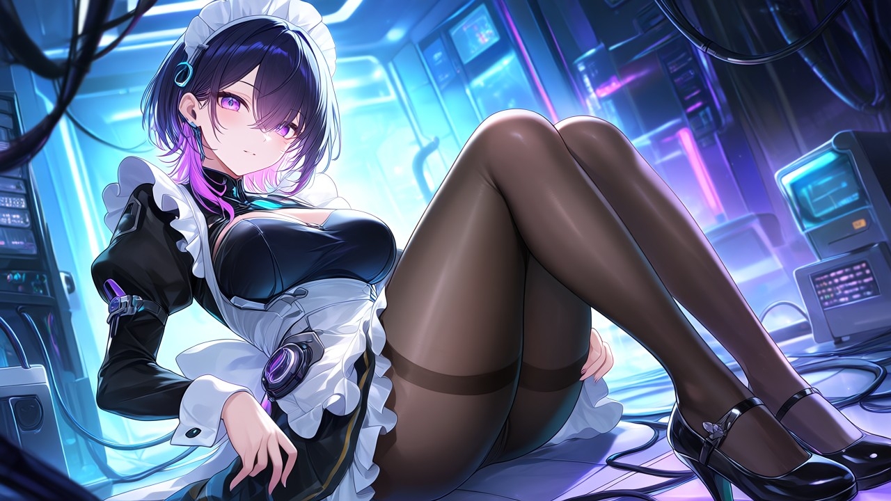 【AIイラスト集】ネオサイバー美少女〜近未来メイドと黒タイツファッション〜 – Preview 2