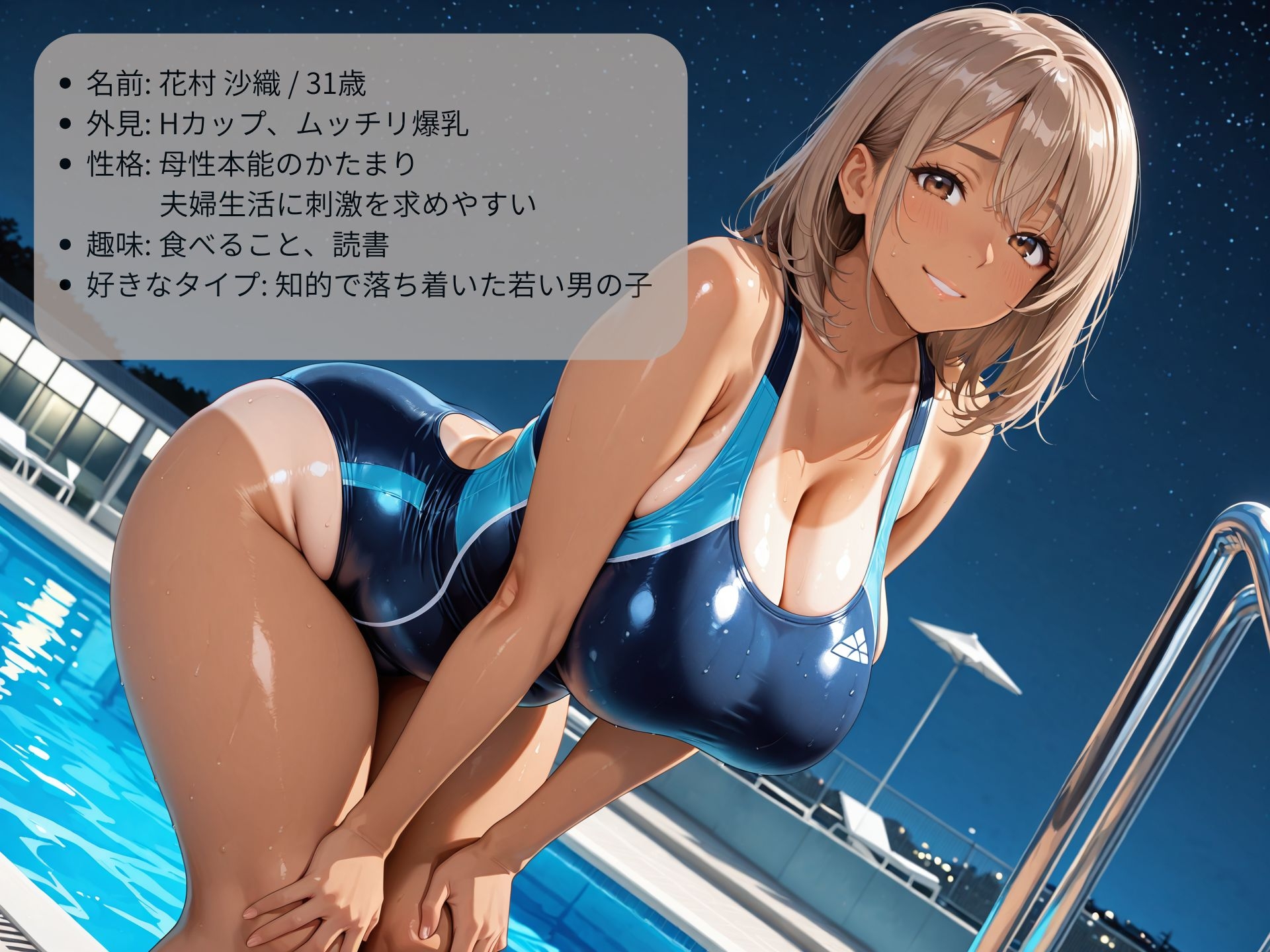 押しに弱い巨乳人妻インストラクターをナイトプールでハメまくる！