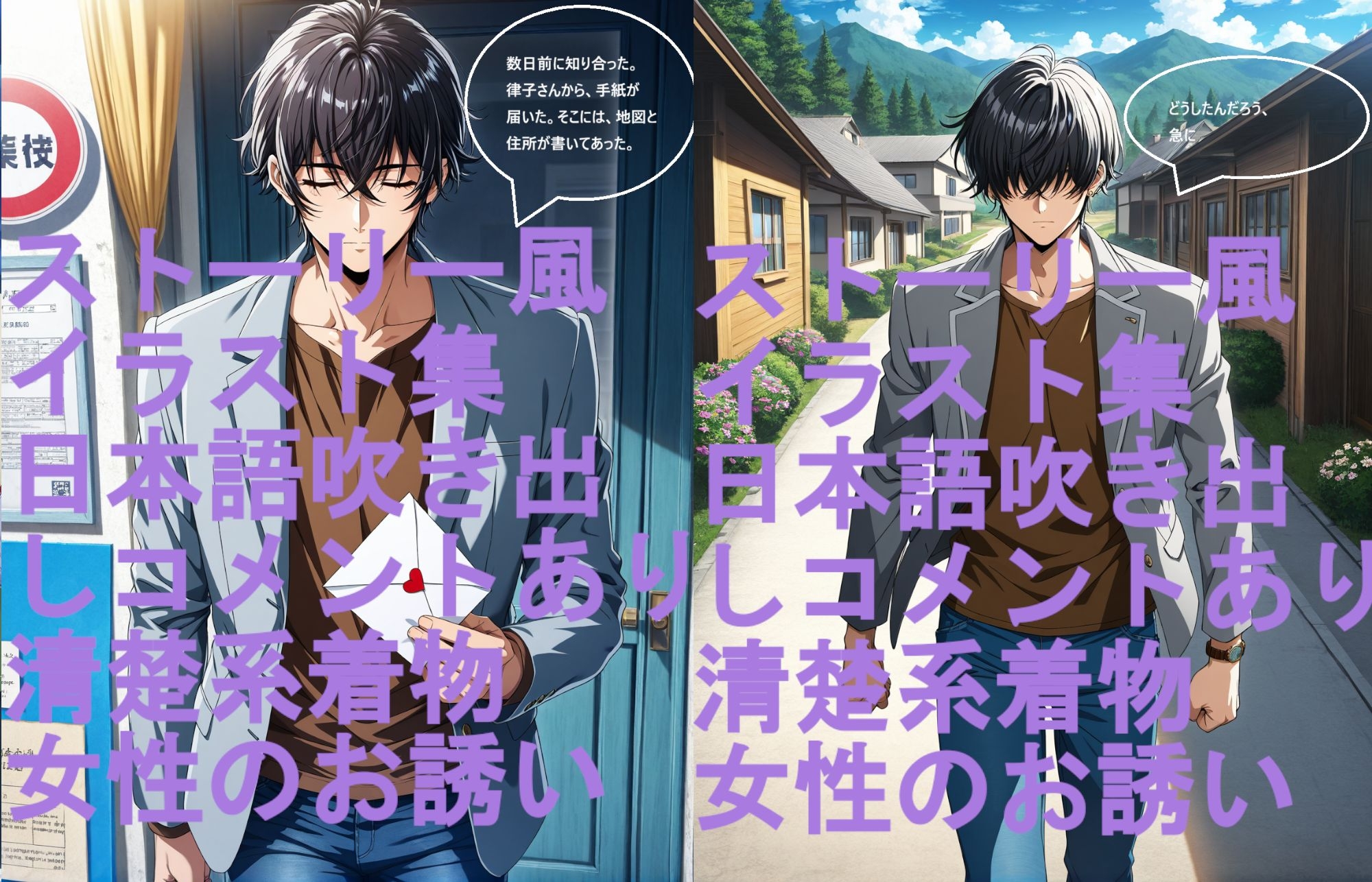 ストーリー風、イラスト集。日本語、吹き出しコメントあり。清楚系着物女性のお誘い。