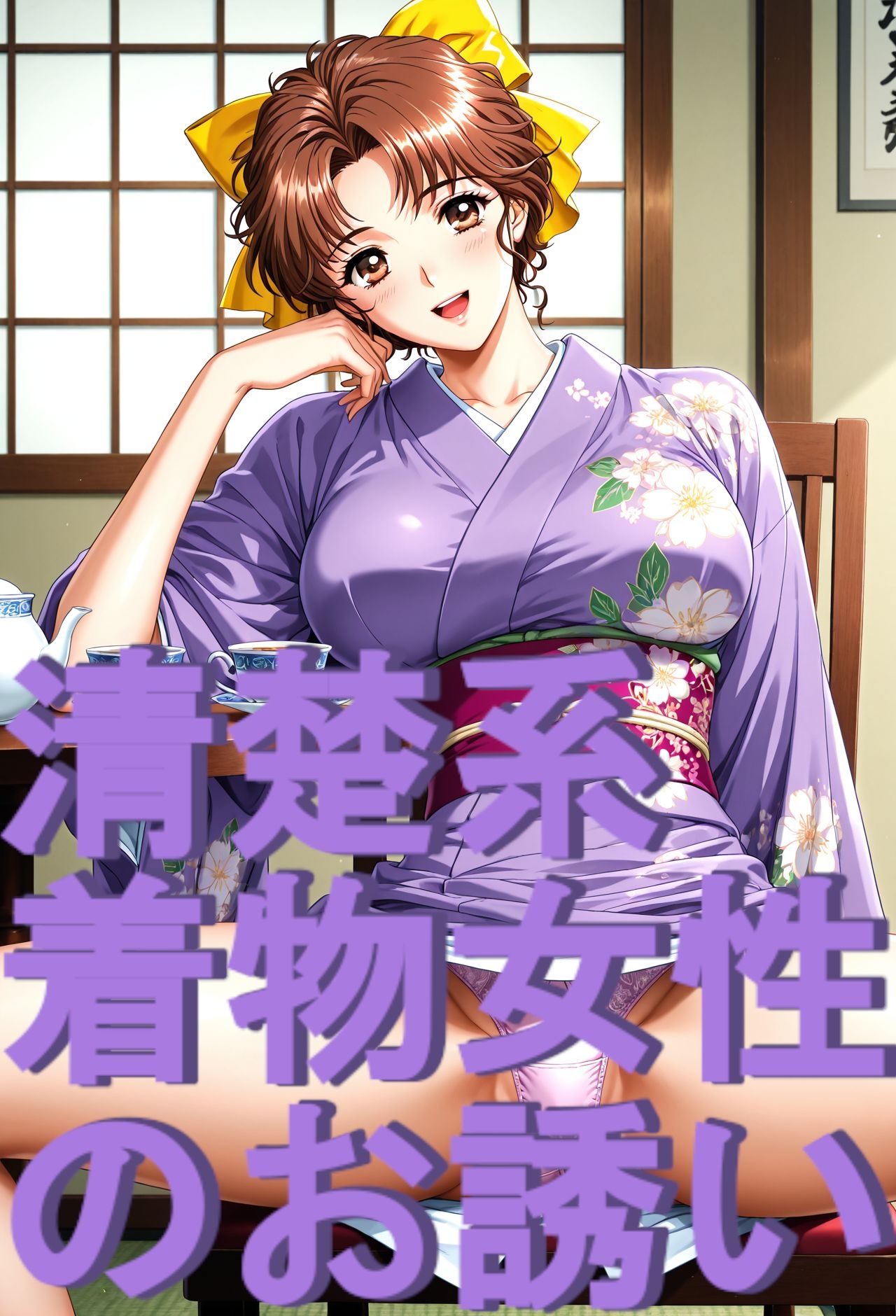 ストーリー風、イラスト集。日本語、吹き出しコメントあり。清楚系着物女性のお誘い。
