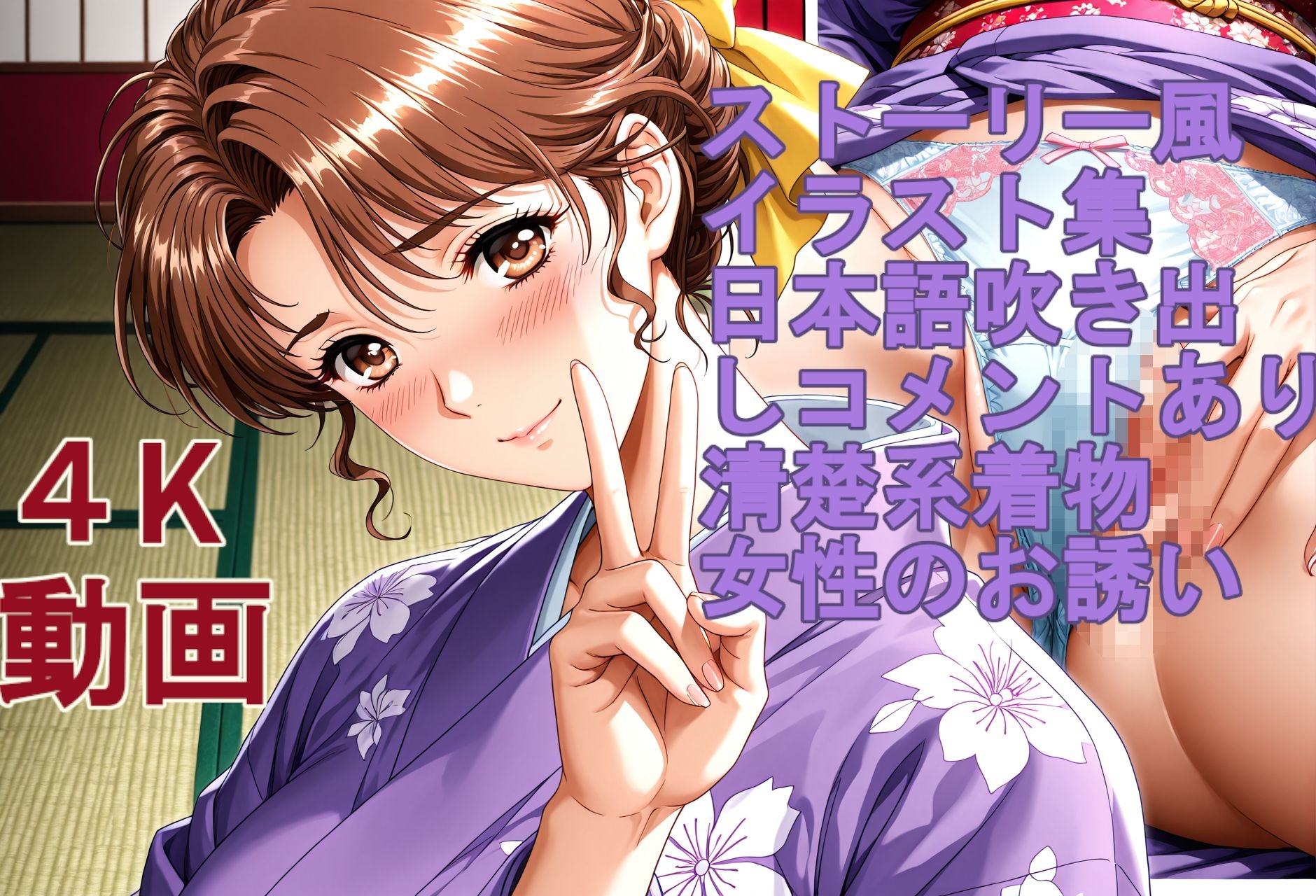 ストーリー風、イラスト集。日本語、吹き出しコメントあり。清楚系着物女性のお誘い。