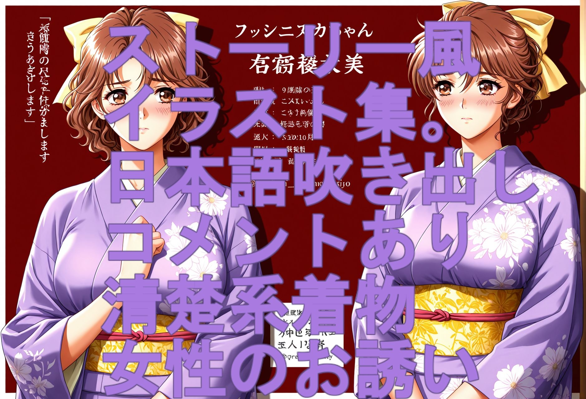 ストーリー風、イラスト集。日本語、吹き出しコメントあり。清楚系着物女性のお誘い。