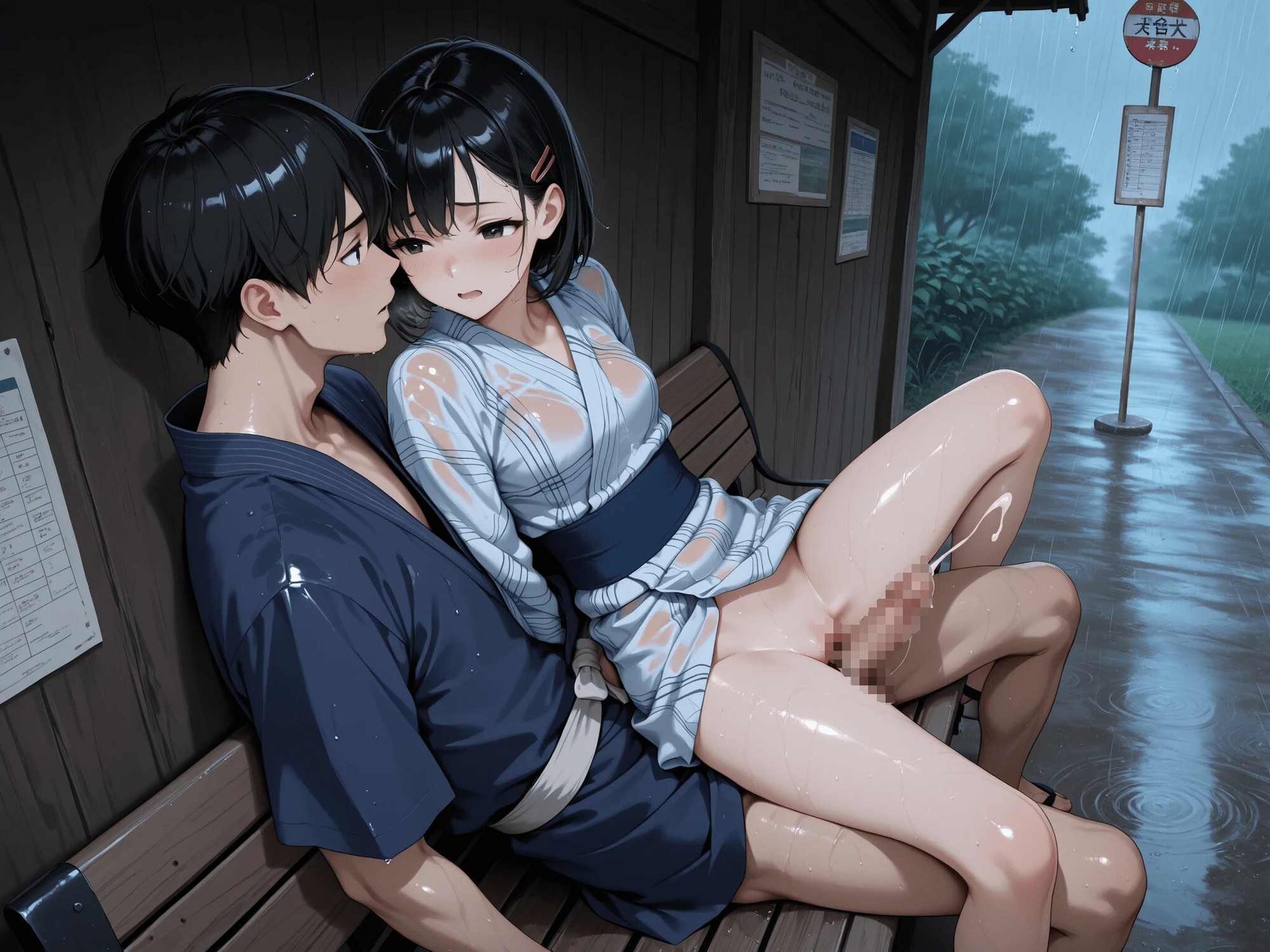 雨の田舎のバス停で着たままえっち！ バスの本数よりいっぱい「はっしゃ」して…。