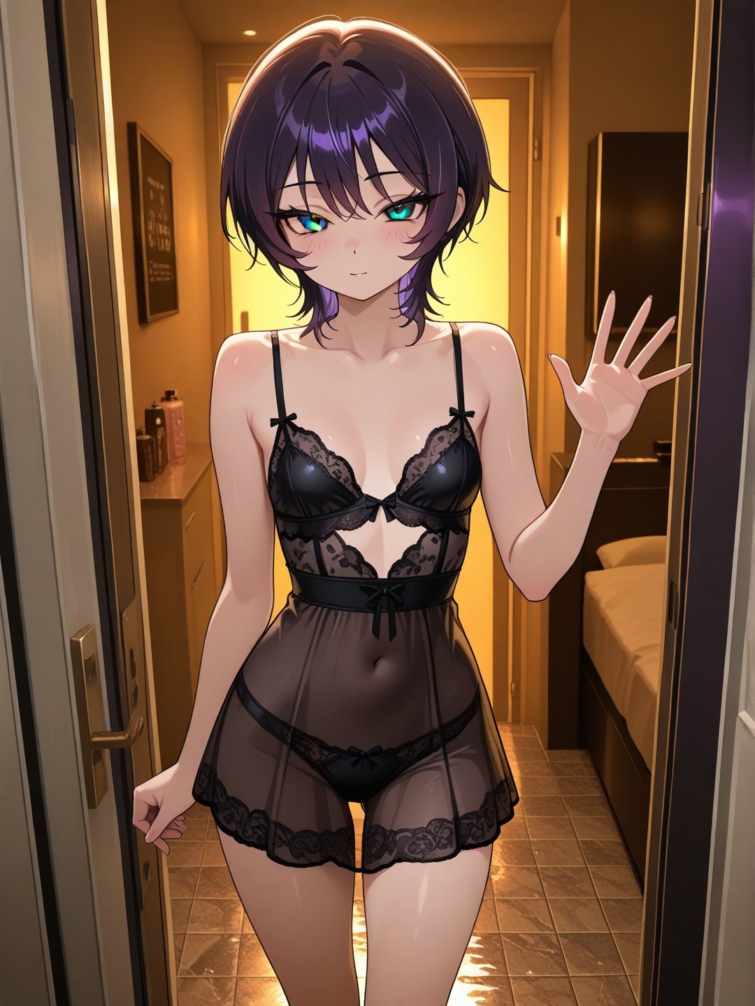 短髪紫髪の彼女と過ごす浴室サービス ～ランジェリーから泡風呂、ベッドまで～【R-18 AI CG集】