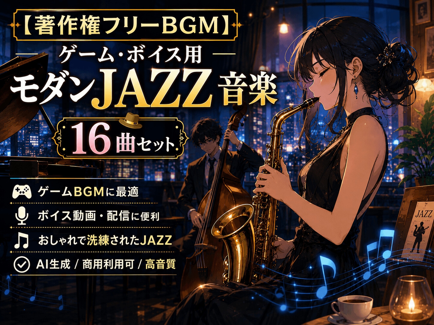 【著作権フリーBGM】ゲーム・ボイス用モダンJAZZ音楽 16曲セット【AI生成/商用利用可/高音質】