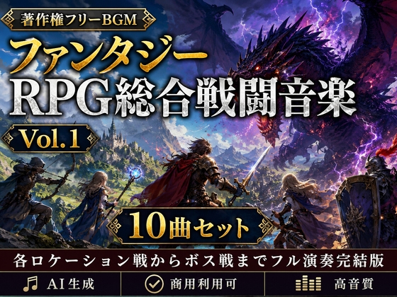 【著作権フリーBGM】ファンタジーRPG総合戦闘音楽 Vol.1 10曲セット -各ロケーション戦からボス戦までフル演奏完結版-【AI生成/商用利用可/高音質】