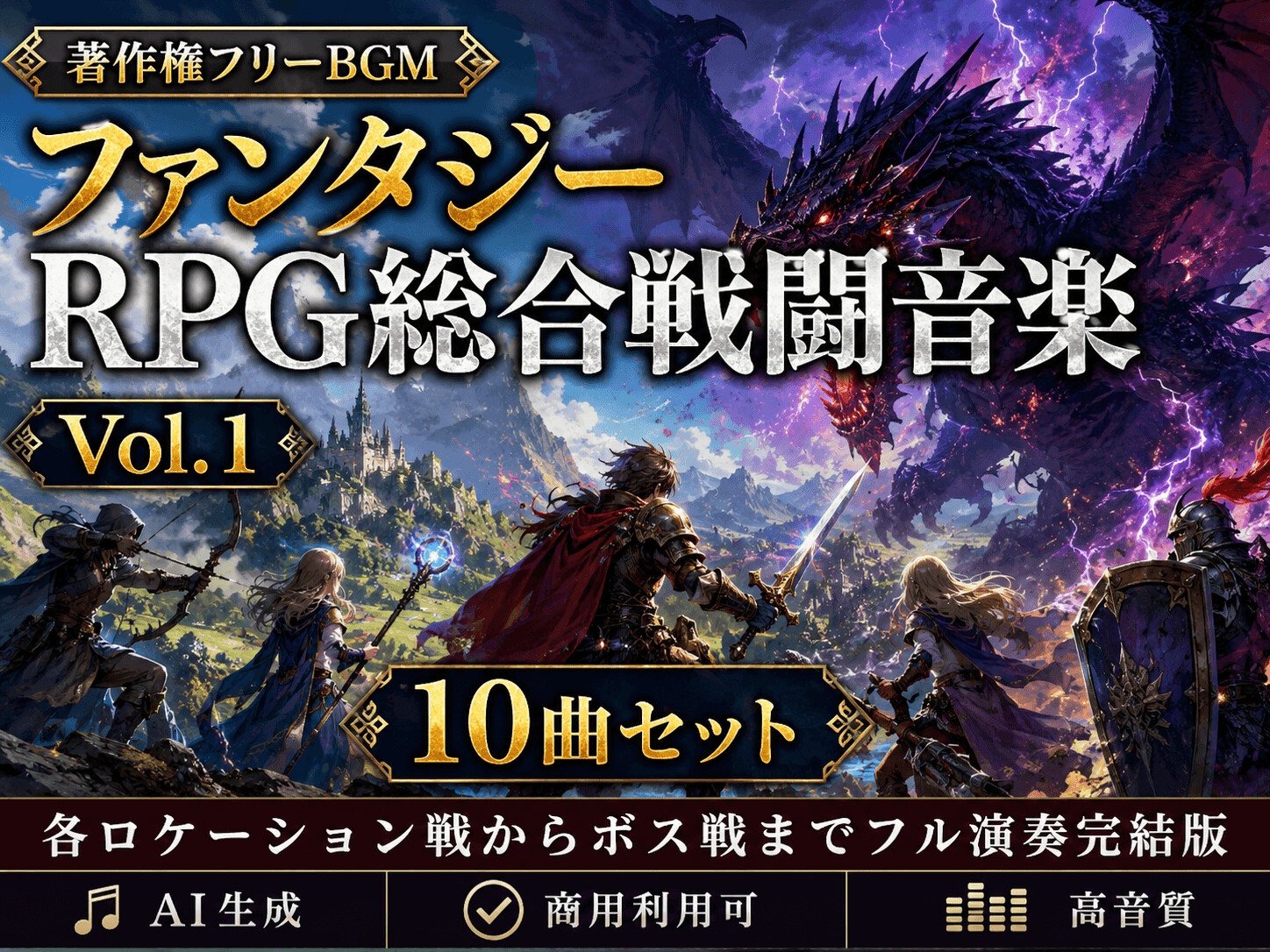 【著作権フリーBGM】ファンタジーRPG総合戦闘音楽 Vol.1 10曲セット -各ロケーション戦からボス戦までフル演奏完結版-【AI生成/商用利用可/高音質】