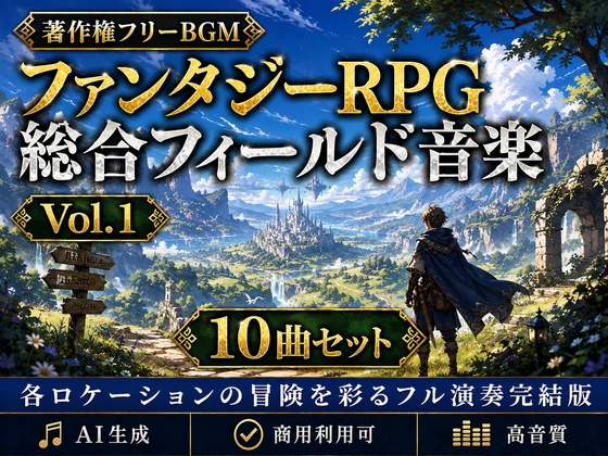 【著作権フリーBGM】ファンタジーRPG総合フィールド音楽 Vol.1 10曲セット -各ロケーションの冒険を彩るフル演奏完結版-【AI生成/商用利用可/高音質】