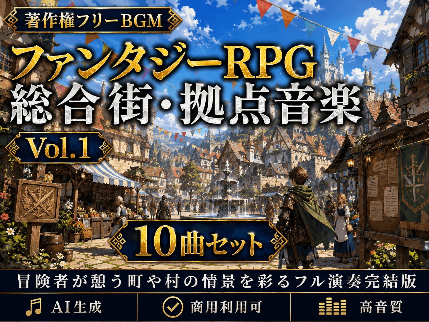 【著作権フリーBGM】ファンタジーRPG総合 街・拠点音楽 Vol.1 10曲セット -冒険者が憩う町や村の情景を彩るフル演奏完結版-【AI生成/商用利用可/高音質】