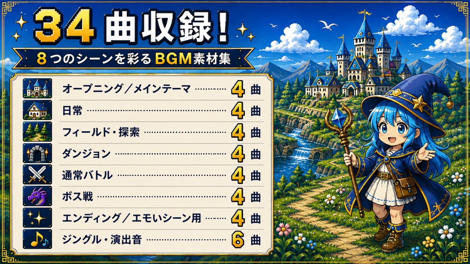 【アウトレット版】レトロRPG向け8bit風BGM素材集|冒険・街・ダンジョン・バトルなど全34曲