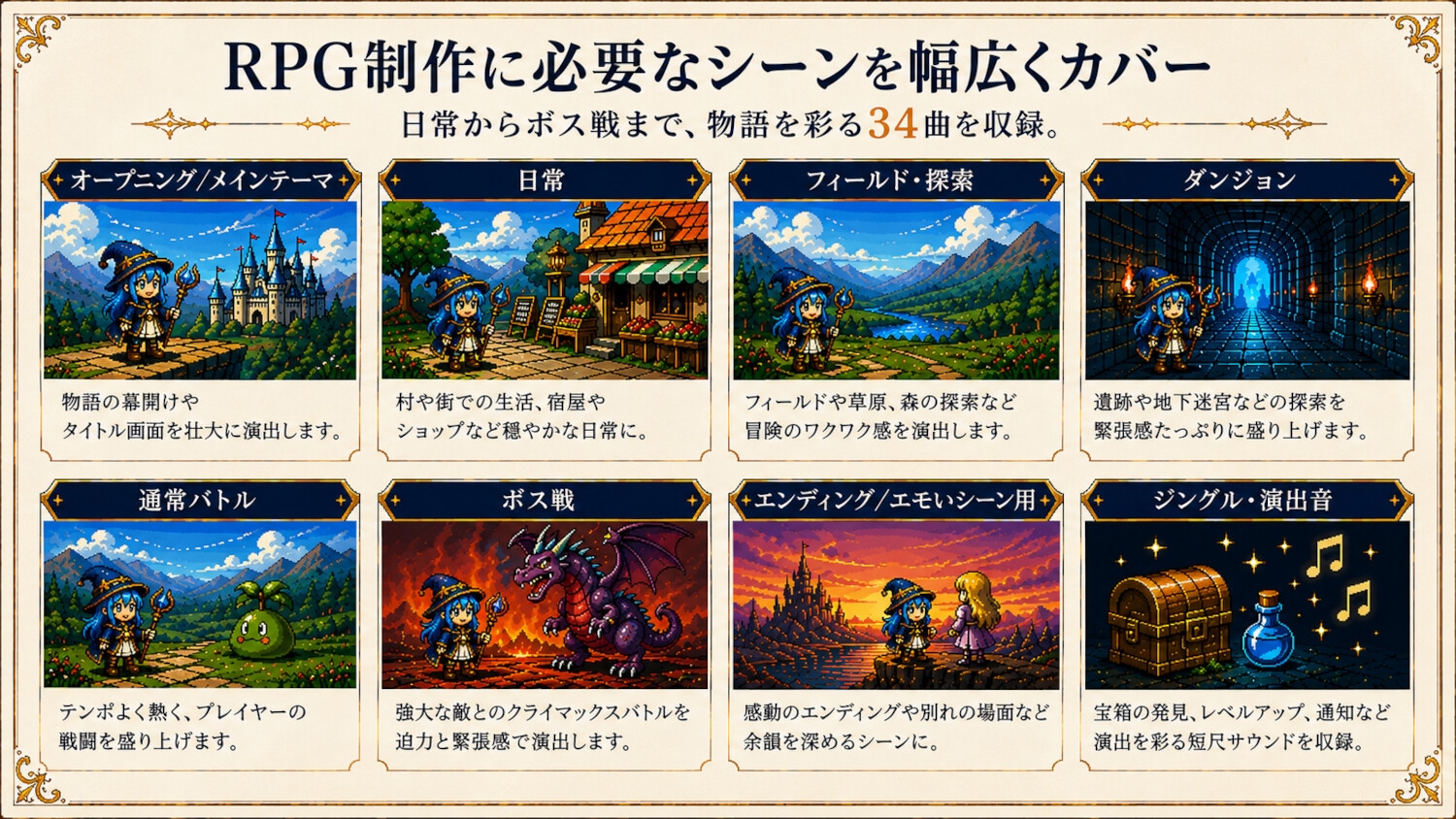 【アウトレット版】レトロRPG向け8bit風BGM素材集|冒険・街・ダンジョン・バトルなど全34曲