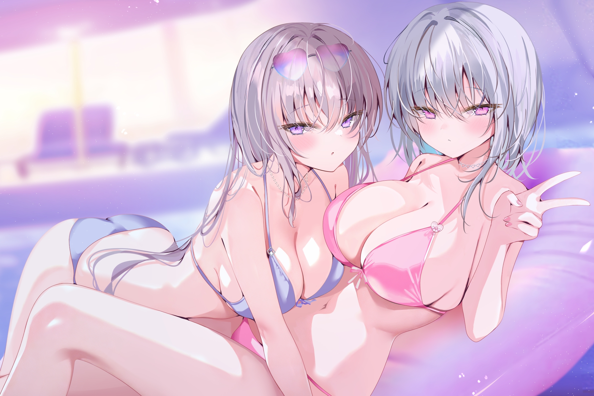 【KU100】白ギャルデカパイ"SUMMER BODY TWICE"!! ～ダウナー白ギャル2人組と仲良しビキニナイトプール3P♪～