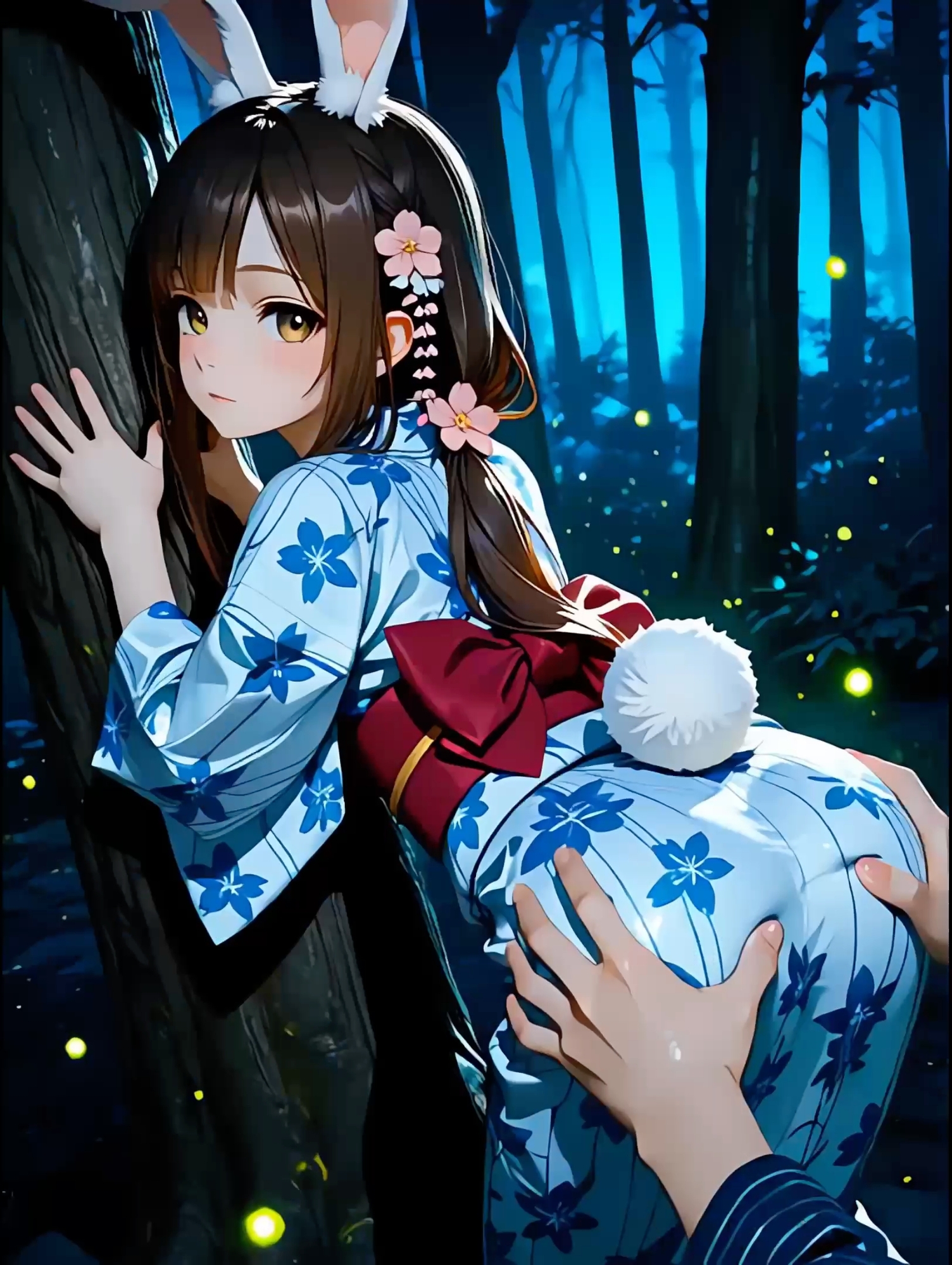【4Kアニメ】浴衣姿のうさみみ娘と夜の木陰でなかだしH【60fps・一部音声あり】