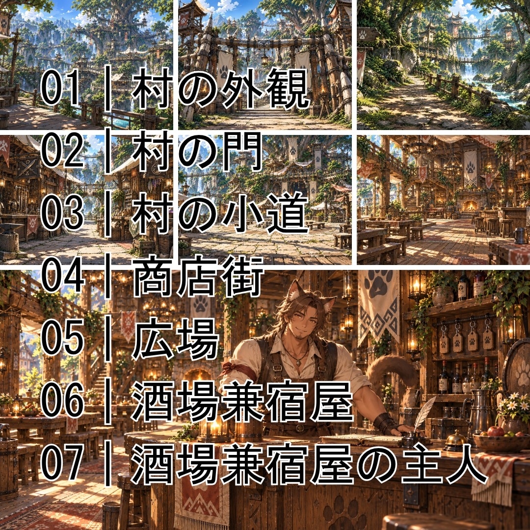 ネコ獣人の村 背景・NPC・店舗シーン素材集【オリジナルBGM付き】