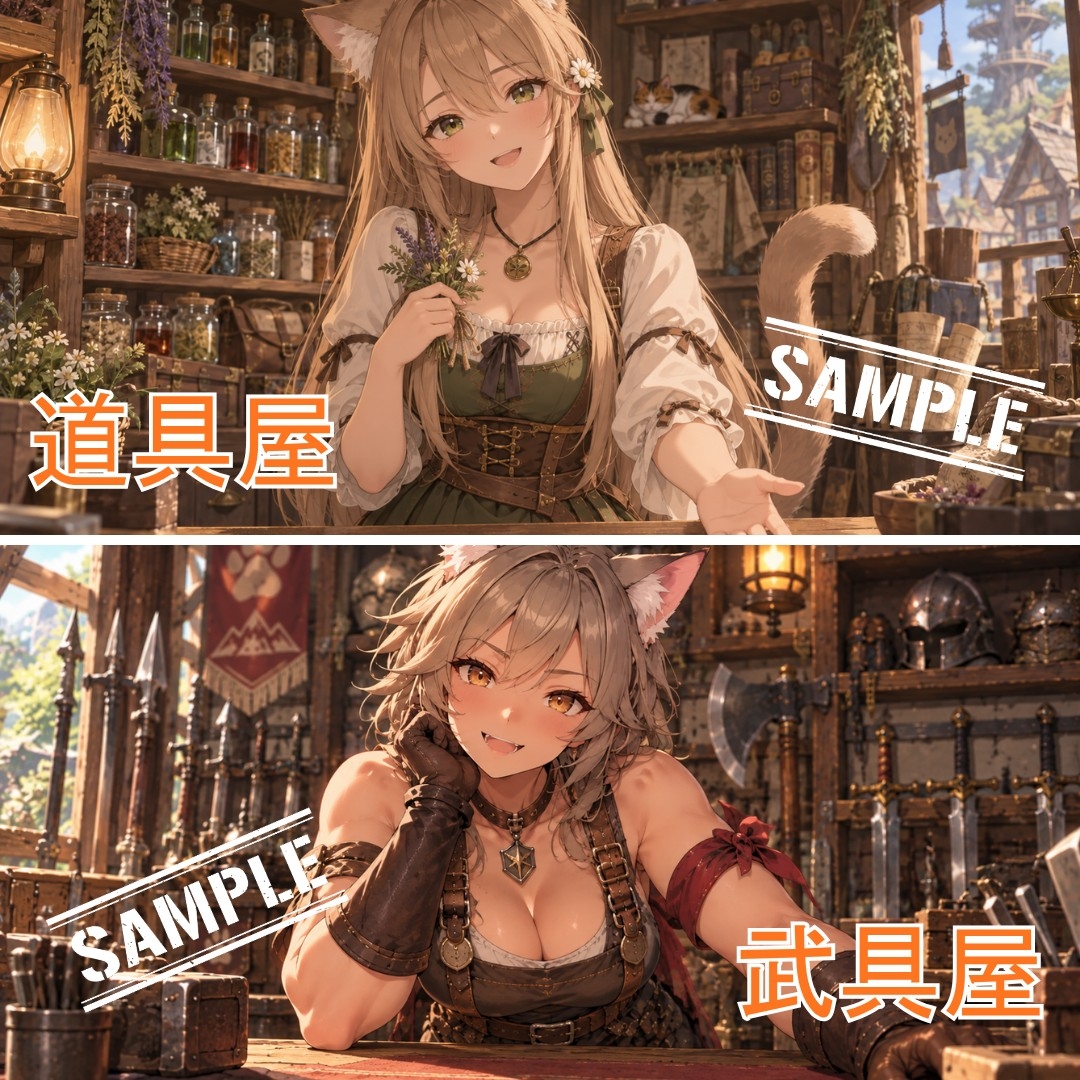 ネコ獣人の村 背景・NPC・店舗シーン素材集【オリジナルBGM付き】